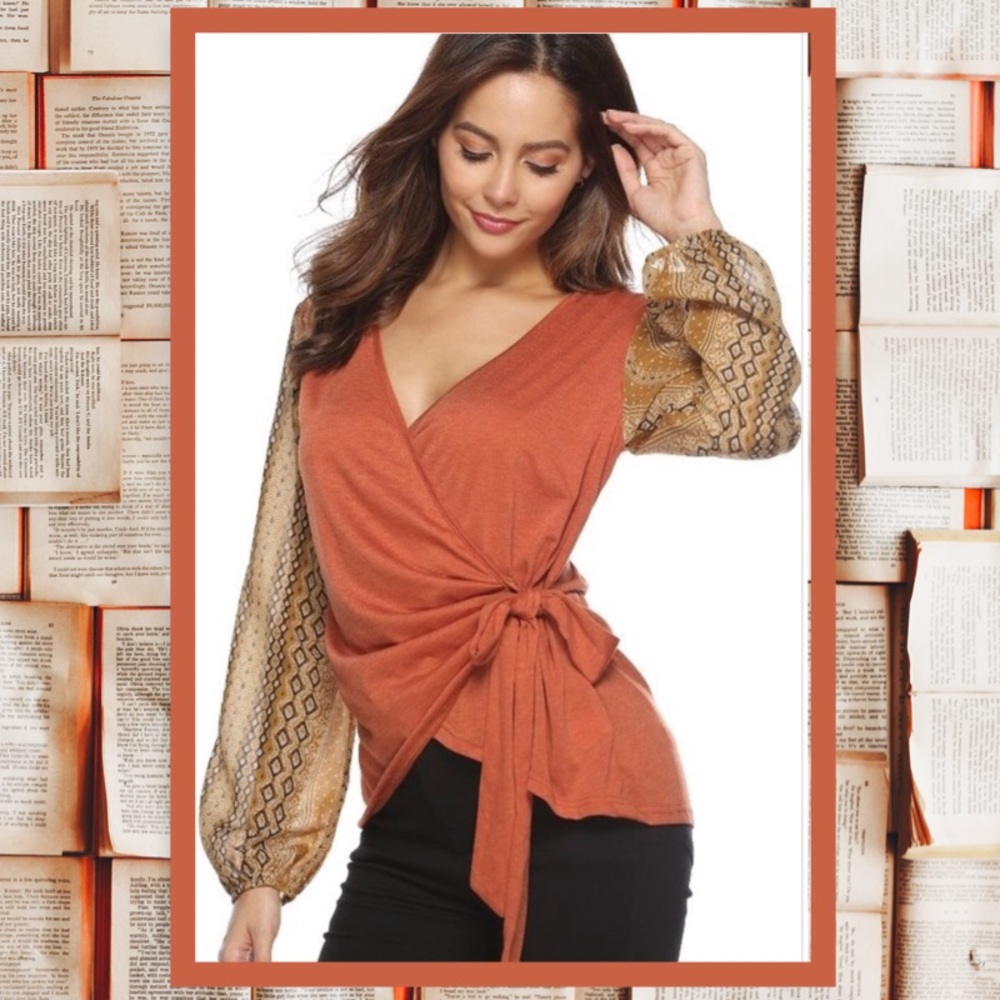 V Neck Tie Waist Long Sleeve Wrap-Blouse NWT - Picture 3 of 8